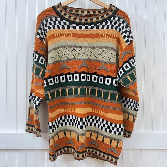Vintage 80s 90s Multi-Patterned 3D Knit Pullover Sweater Women's Medium Checker - Picture 2 of 10